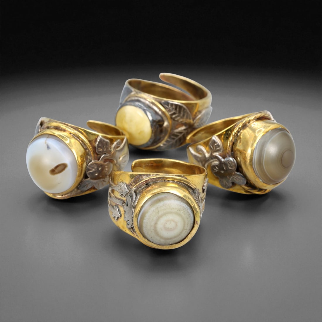 Vintage Himalayan Luk Mik Goat Eye Dzi Silver Gilt Rings Set, c. 20th Century, US 9.75-12.5 (1 of 1)