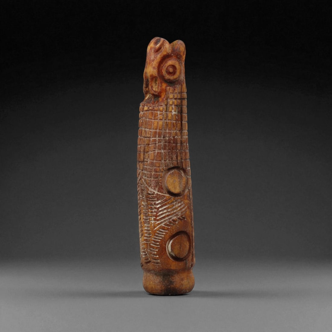 Ancient Coptic Egyptian Zoomorphic Bone Finial, c. 6th-8th Century CE, 10cm, 2BC: This rare Coptic Egyptian finial, carved from dense, honey-toned bone, dates to approximately the 6th-8th century CE - a time when Egypt stood at the crossroads of late antiquity and early Christian a