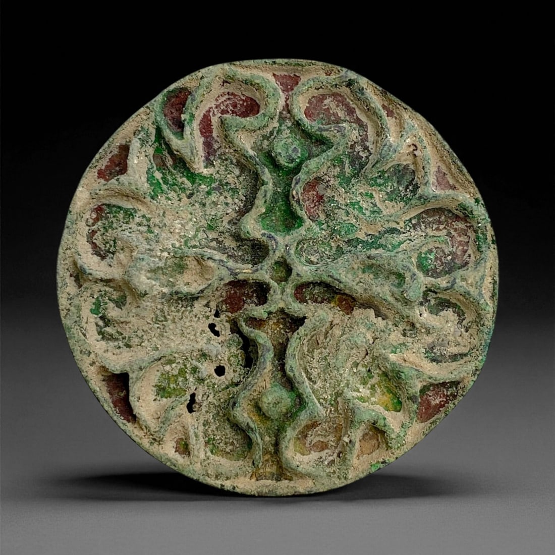 Ancient Achaemenid Bronze Floral Stamp Seal, c. 6th-4th Century BCE, 5.5cm, 50g, 92CC: This elegant bronze stamp seal originates from the Achaemenid Persian Empire, dating approximately to the 6th-4th century BCE. Achaemenid artisans were renowned for their refined use of symbolic motif