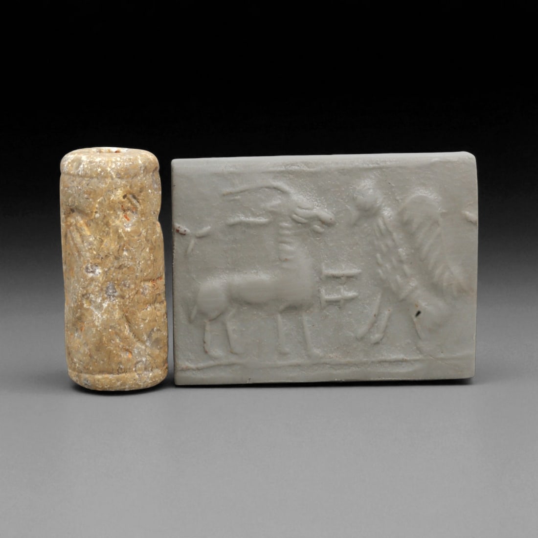 Ancient Mesopotamian Administrative Cylinder Seal, c. 2nd-1st Millennium BCE, 3.4cm, 26BE: This authentic cylinder seal from ancient Mesopotamia dates to the 2nd to 1st millennium BCE, a time when the art of carving miniature narratives on stone reached remarkable levels of refinement. Seal