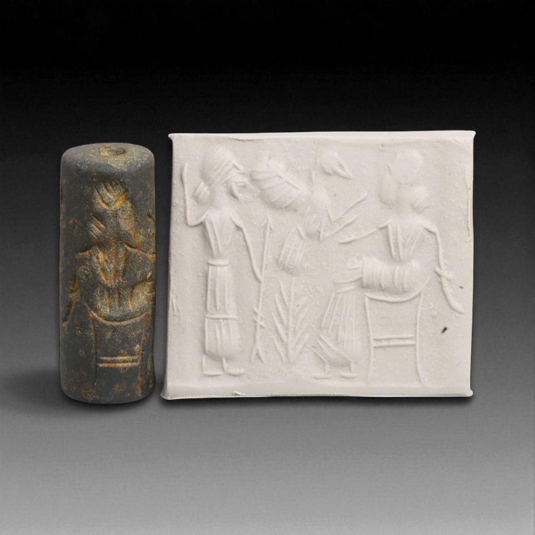 Ancient Mesopotamian Administrative Cylinder Seal, c. 2nd-1st Millennium BCE, 16g, 50H: This authentic cylinder seal from ancient Mesopotamia dates to the 2nd to 1st millennium BCE, a time when the art of carving miniature narratives on stone reached remarkable levels of refinement. Seal