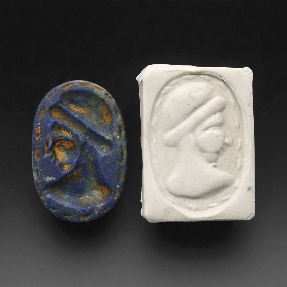 A Parthian Noble Portrait Lapis Lazuli Stamp Seal, c. 1st Century BCE-1st Century CE, 2.6g, 41D: This finely carved lapis lazuli stamp seal offers a captivating glimpse into the noble aesthetics of the Parthian Empire, which dominated Persia and surrounding regions from the 3rd century BCE to the