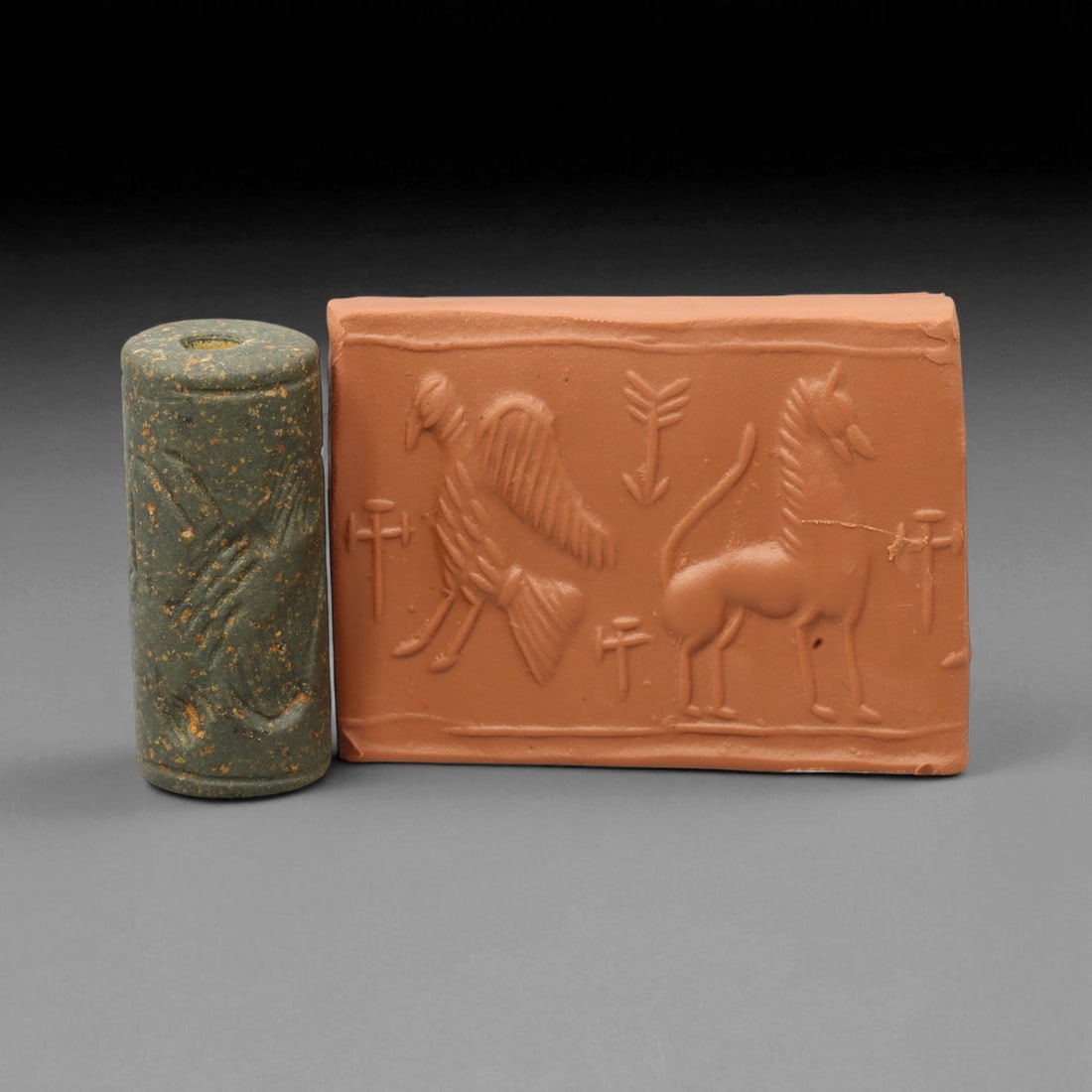 Ancient Mesopotamian Administrative Cylinder Seal, c. 2nd-1st Millennium BCE, 3.5cm, 63DJ: This authentic cylinder seal from ancient Mesopotamia dates to the 2nd to 1st millennium BCE, a time when the art of carving miniature narratives on stone reached remarkable levels of refinement. Seal