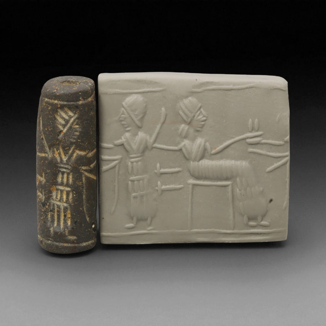 Ancient Mesopotamian Administrative Cylinder Seal, c. 2nd-1st Millennium BCE, 3.8cm, 88DJ: This authentic cylinder seal from ancient Mesopotamia dates to the 2nd to 1st millennium BCE, a time when the art of carving miniature narratives on stone reached remarkable levels of refinement. Seal