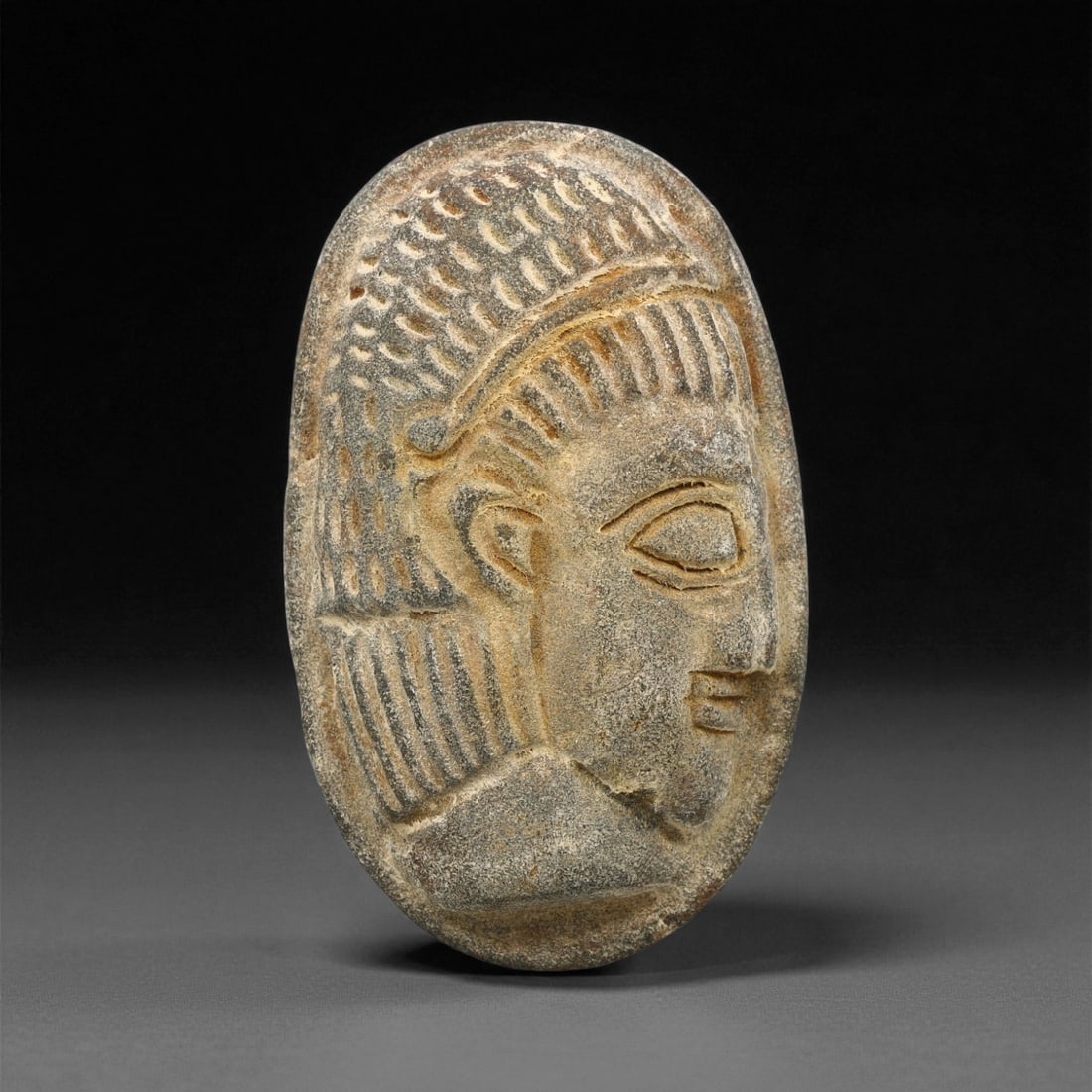 Ancient Neo-Sumerian Carved Human Head Steatite Plaque, c. 2100-2000 BCE, 5cm, 88ET (1 of 2)