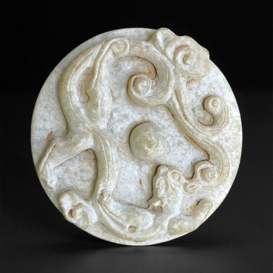A Chinese Qing Dynasty Jade Plaque with Archaic Scroll Motifs, c. 18th-19th Century, 8cm, 95g, 59BB (1 of 2)