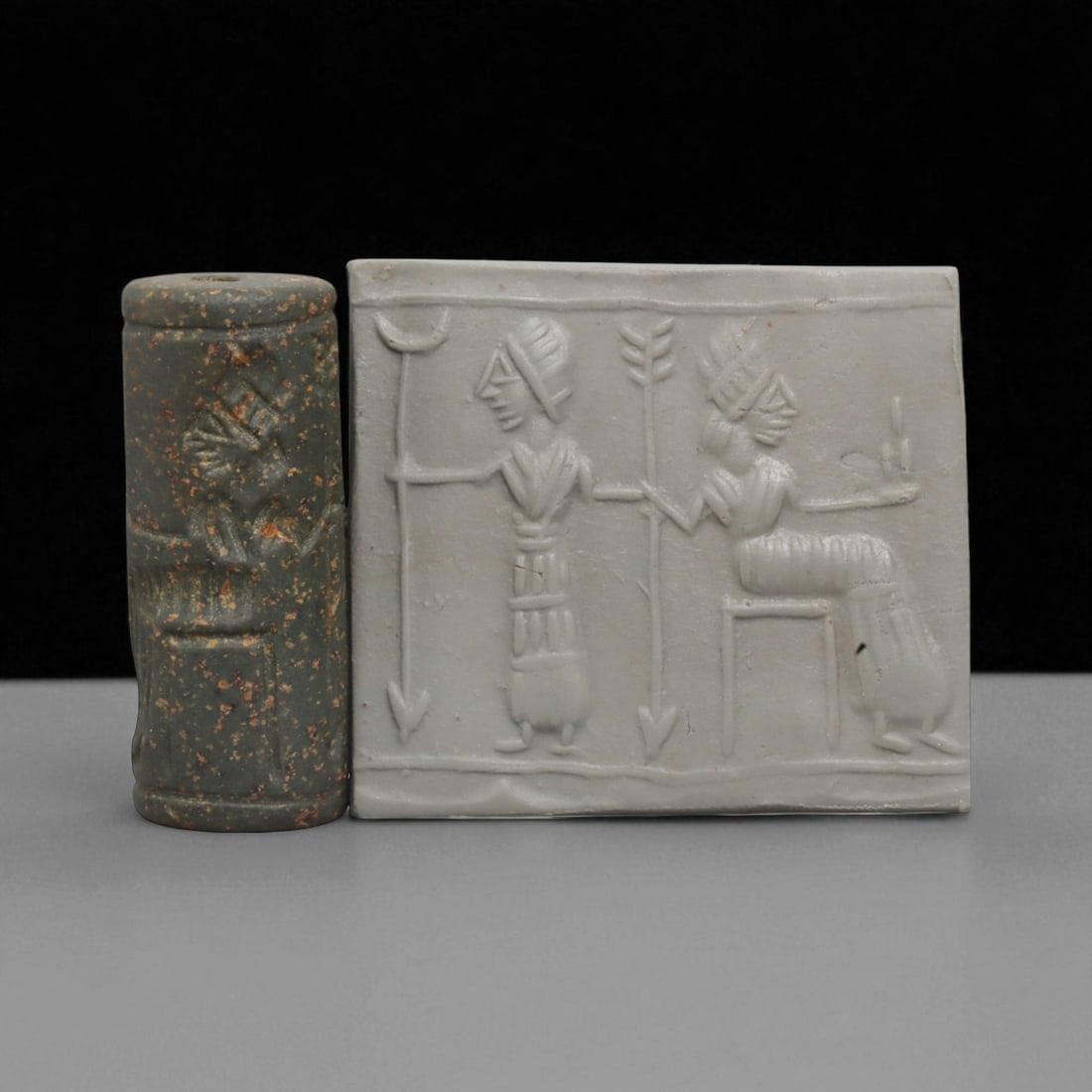 Ancient Mesopotamian Administrative Cylinder Seal, c. 2nd-1st Millennium BCE, 4cm, 33BE: This authentic cylinder seal from ancient Mesopotamia dates to the 2nd to 1st millennium BCE, a time when the art of carving miniature narratives on stone reached remarkable levels of refinement. Seal