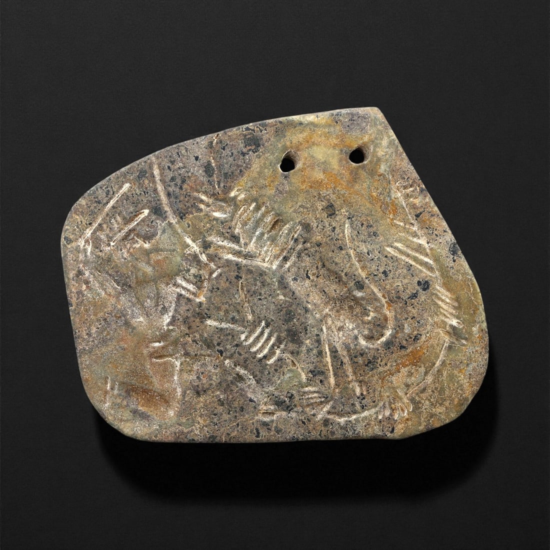 A Proto-Elamite Serpent and Human Motif Steatite Plaque Amulet, c. 30th-27th Century BCE 8.9cm, 26ES (1 of 2)