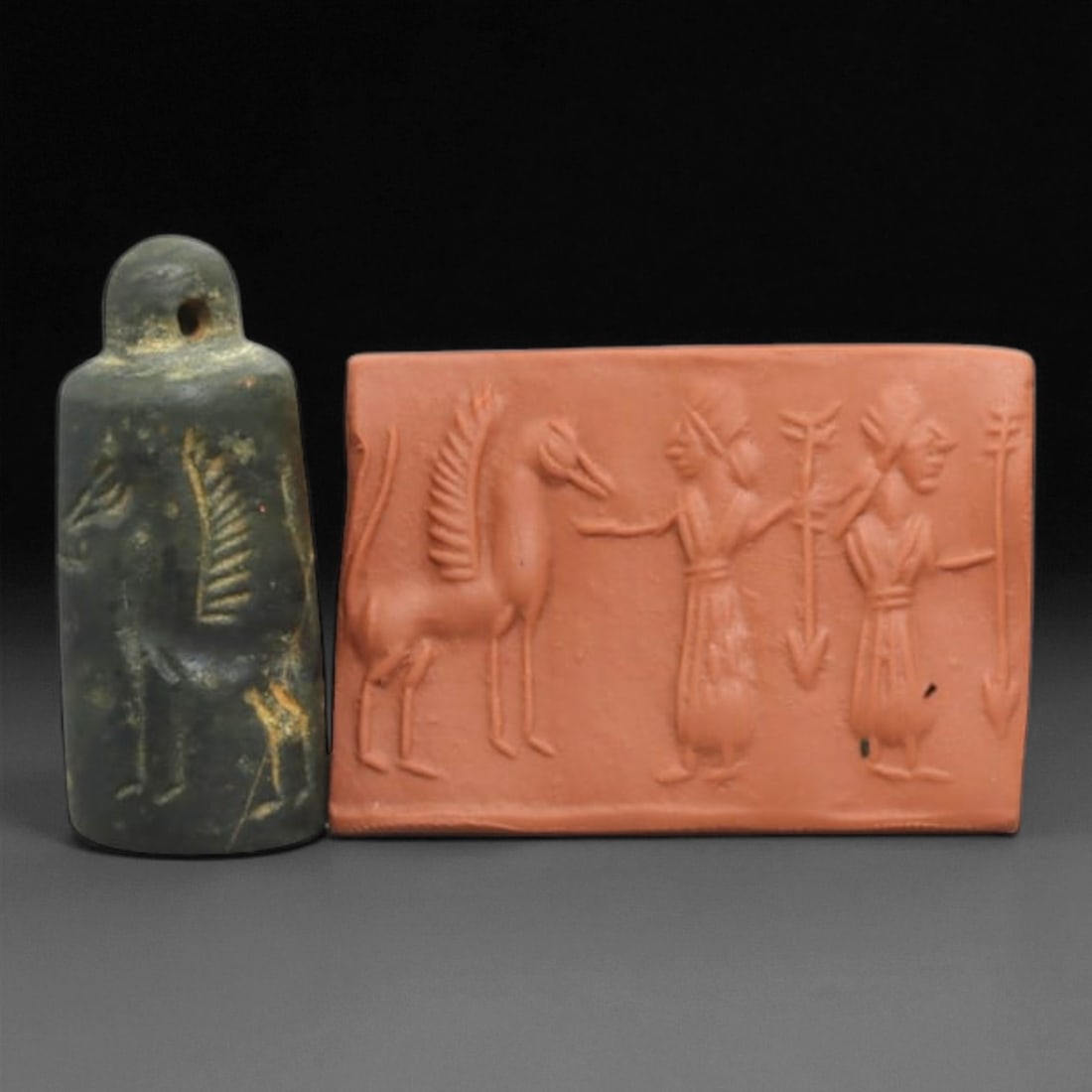 Ancient Mesopotamian Administrative Cylinder Seal, c. 2nd-1st Millennium BCE, 4cm, 54EQ: This authentic cylinder seal from ancient Mesopotamia dates to the 2nd to 1st millennium BCE, a time when the art of carving miniature narratives on stone reached remarkable levels of refinement. Seal