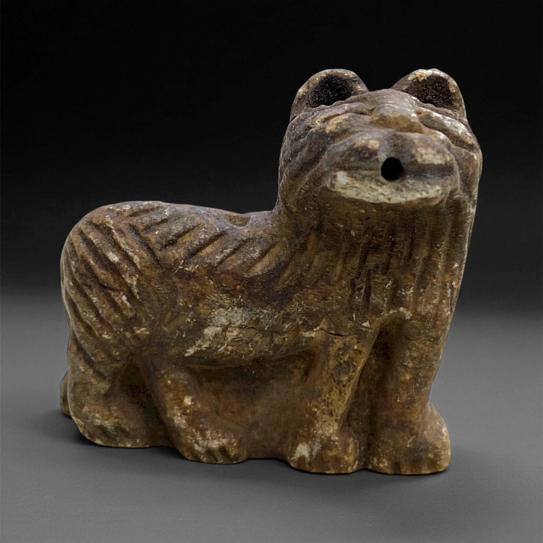 Ancient Elamite Steatite Feline Amulet, c. 2nd Millennium BCE, 5cm, 60g, 78CC: This powerful feline amulet, carved from dark brown steatite, dates to the Elamite civilization of southwestern Iran during the 2nd millennium BCE. Depicted in a standing posture with alert ears, deep