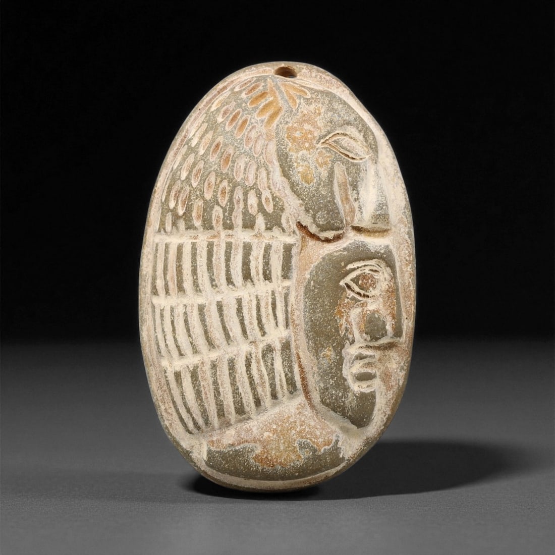 Ancient Neo-Sumerian Carved Human Head Steatite Plaque, c. 2100-2000 BCE, 5.5cm, 38ET (1 of 2)