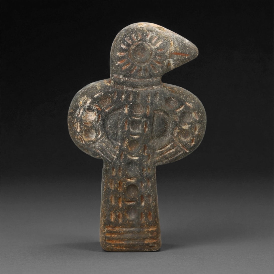 Ancient Bactrian Vulture Motif Schist Plaque, c. 2nd-1st Millennium BCE 8.8cm, 26EX: Carved from dark schist, this ancient plaque reflects the symbolic artistry of the Bactrian cultural sphere, a region spanning modern northern Afghanistan and parts of Central Asia. Bactrian craftsmen