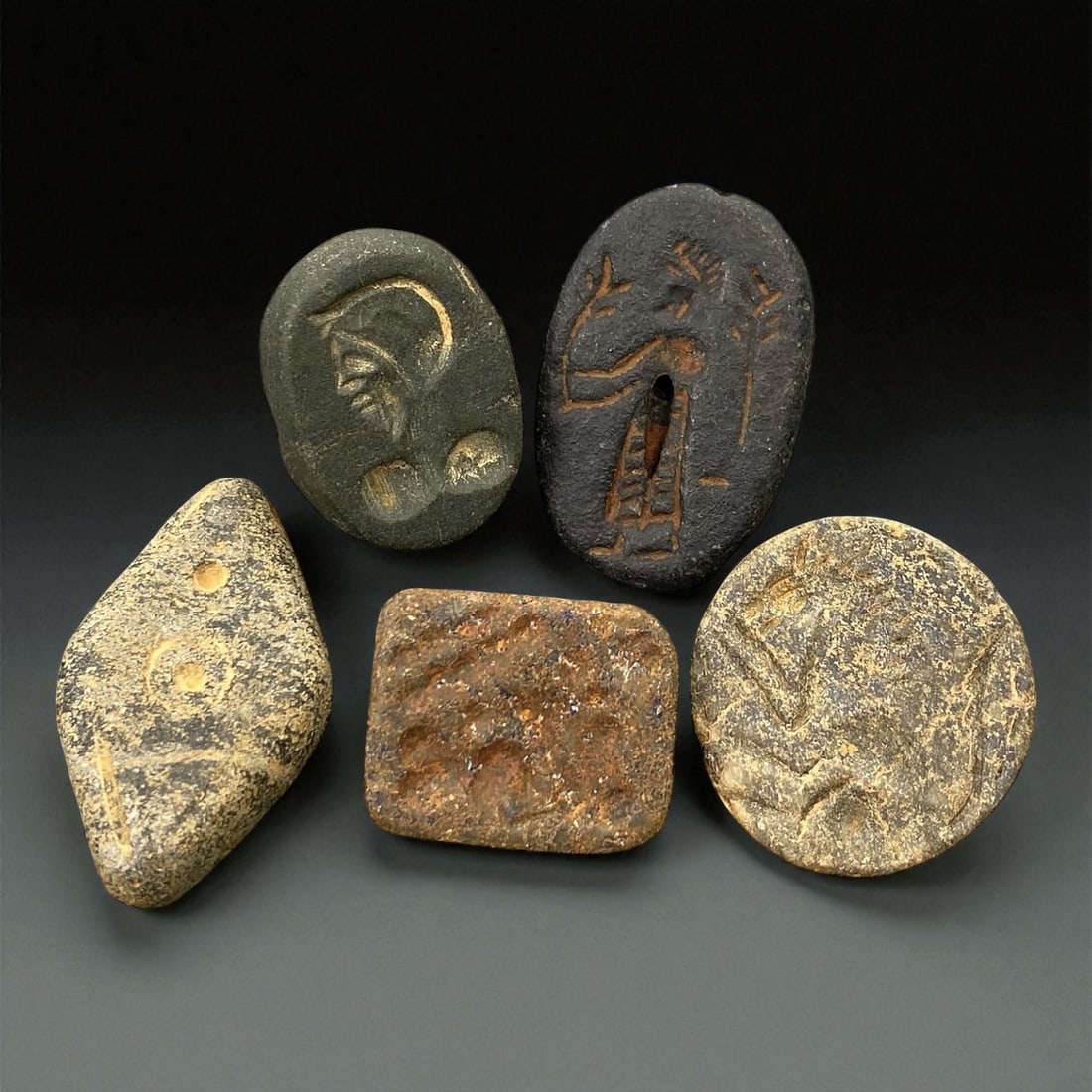 Ancient Neo-Assyrian Steatite and Hematite Stamp Seals, c. 9th-7th Century BCE, 2-3 cm, 18EK: This refined group of five stamp seals dates to the Neo-Assyrian period, a time when the empire reached its artistic and administrative zenith across Mesopotamia. Carved from steatite and hematite, th