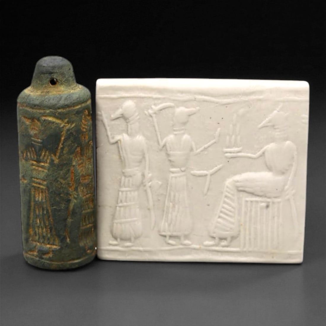 Ancient Mesopotamian Administrative Cylinder Seal, c. 2nd-1st Millennium BCE, 5.4cm, 42EQ: This authentic cylinder seal from ancient Mesopotamia dates to the 2nd to 1st millennium BCE, a time when the art of carving miniature narratives on stone reached remarkable levels of refinement. Seal
