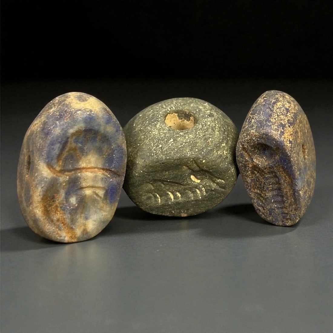 Ancient Akkadian Hemispherical Stone Stamp Seals, c. 23rd-21st Century BCE, 1.5-1.7 cm, 70EK: These finely carved hemispherical stamp seals date to the Akkadian period of Mesopotamia, one of the earliest empires in recorded history (c. 23rd-21st century BCE). Crafted from a combination of lapi