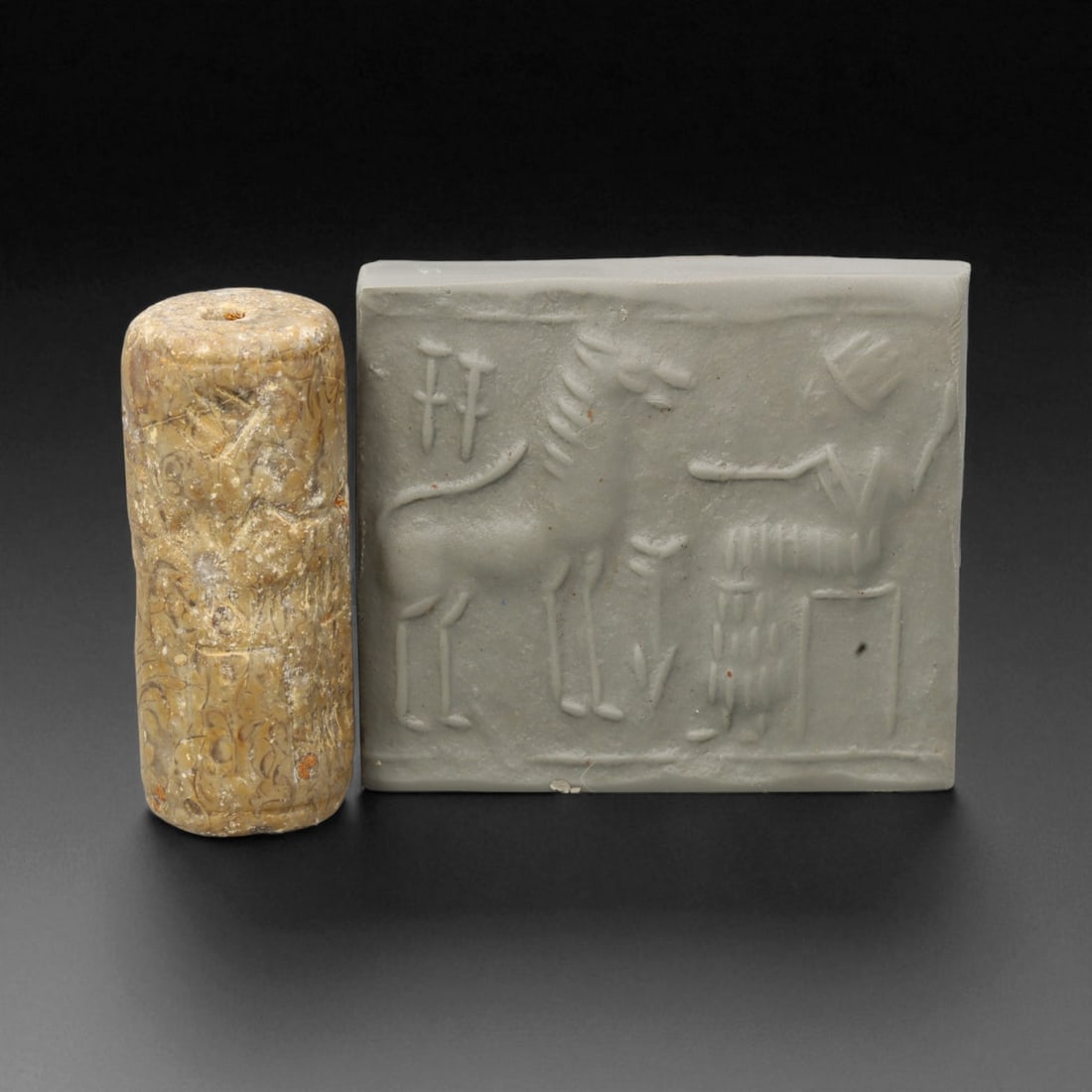 Ancient Mesopotamian Administrative Cylinder Seal, c. 2nd-1st Millennium BCE, 3.8cm, 96DJ: This authentic cylinder seal from ancient Mesopotamia dates to the 2nd to 1st millennium BCE, a time when the art of carving miniature narratives on stone reached remarkable levels of refinement. Seal