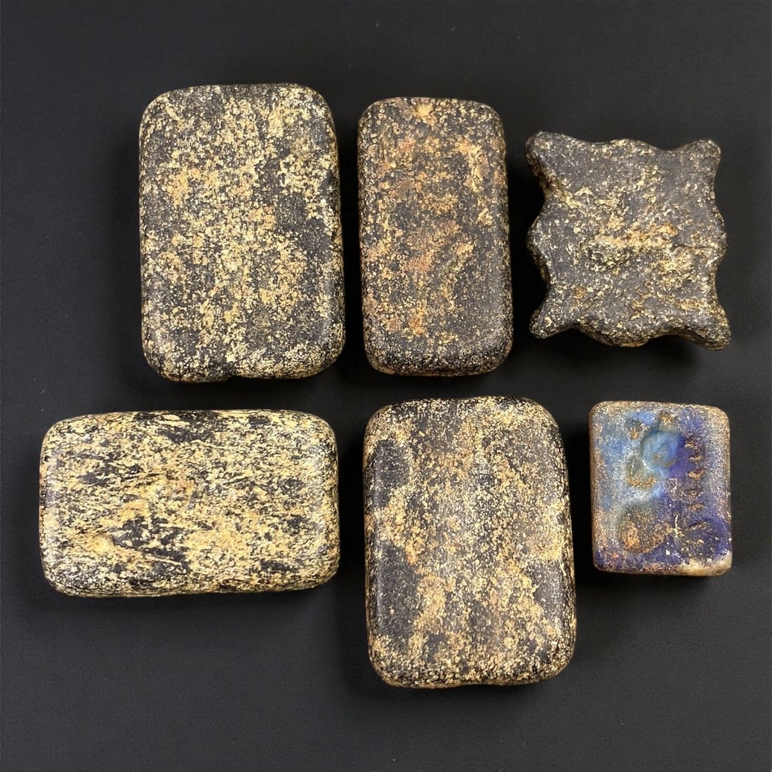Ancient Neo-Sumerian Steatite Stamp Seal Group, c. 21st-20th Century BCE, 1.5-2.5cm, 80EP: This impressive group of carved steatite stamp seals dates to the Neo-Sumerian period, a flourishing era of artistic refinement and administrative precision in ancient Mesopotamia. Each seal features 