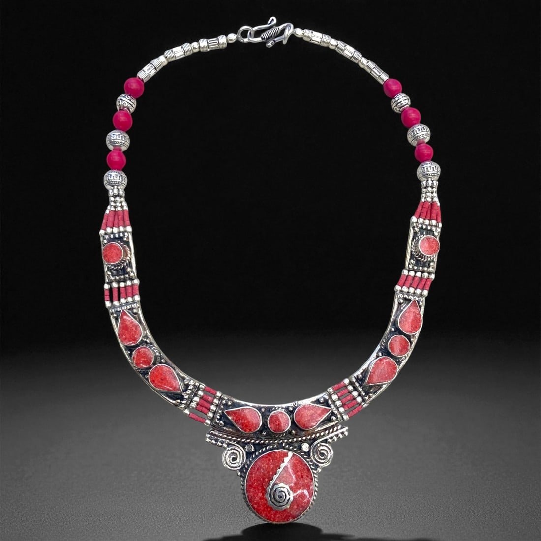 Vintage Himalayan Tribal Pendant Necklace, c. Mid-20th Century, 162g, 69DD: This Vintage Himalayan Tribal Pendant Necklace embodies the enduring cultural and collectible value associated with traditional highland jewelry. Originating from the rugged mountain regions of the Hi