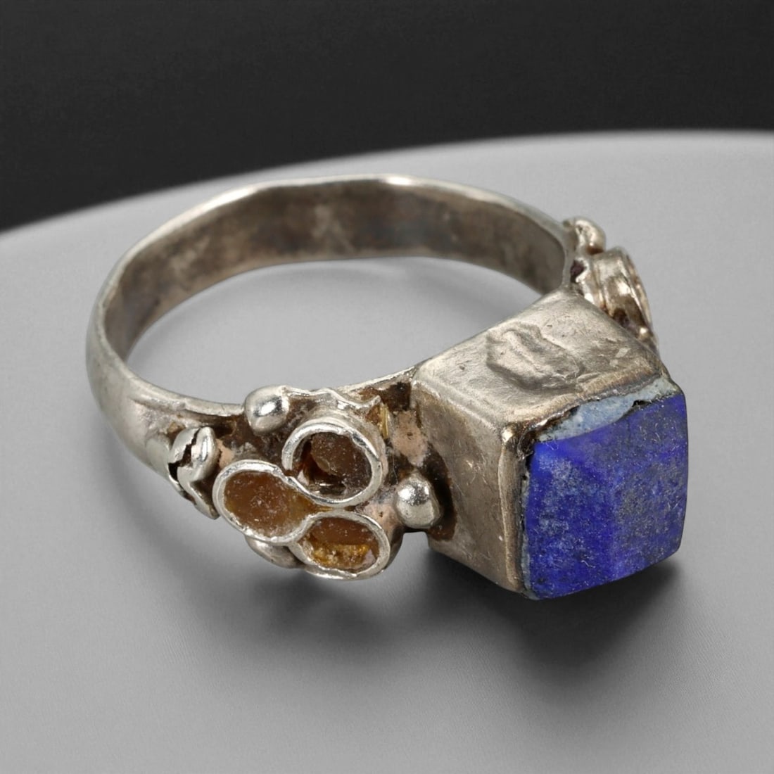 A Central Asian Silver Ring with Lapis Lazuli and Amber Inlay, c. 19th-20th Century, US 7.75, 88XD (1 of 3)