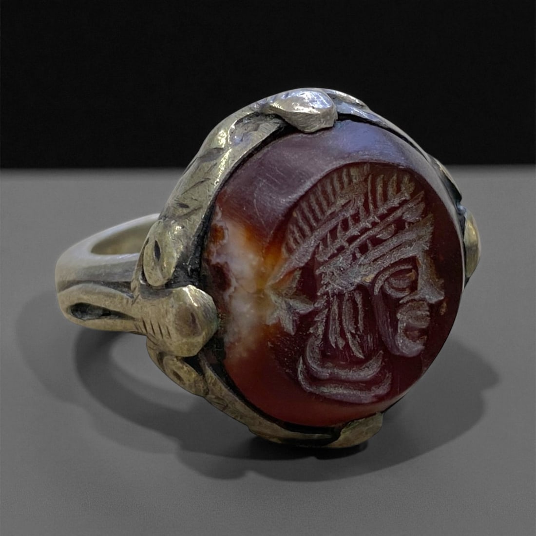 Antique Greco-Persian Intaglio Carnelian Bronze Ring, c. 18th-19th Century, US 9 18g, 79BB (1 of 3)