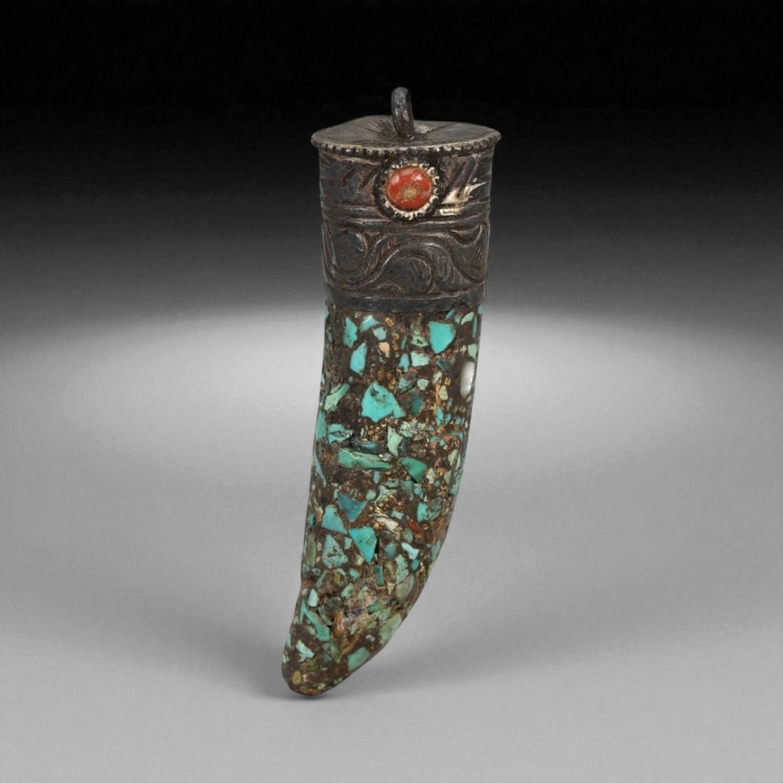 Antique Himalayan Turquoise Inlaid Fang Talisman Pendant with Coral, 20th Century, 28g, 20G: Evocative of primal strength and spiritual protection, this striking fang-shaped talisman pendant from the Himalayan region-likely Tibet or Nepal-merges shamanic symbolism with intricate mosaic crafts