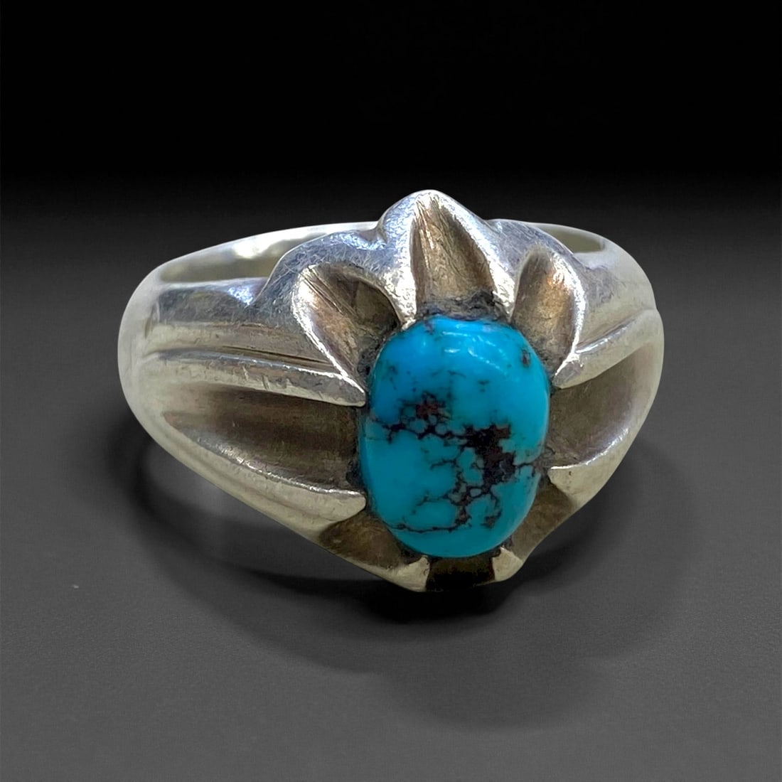 Antique Persian Revival Turquoise Silver Ring, c. 19th-20th Century, US 9.5, 14g, 2CC: This elegant antique silver ring embodies the refined aesthetic of Persian revival craftsmanship from the late Qajar to early Pahlavi period. The centerpiece features a vivid turquoise cabochon, prize