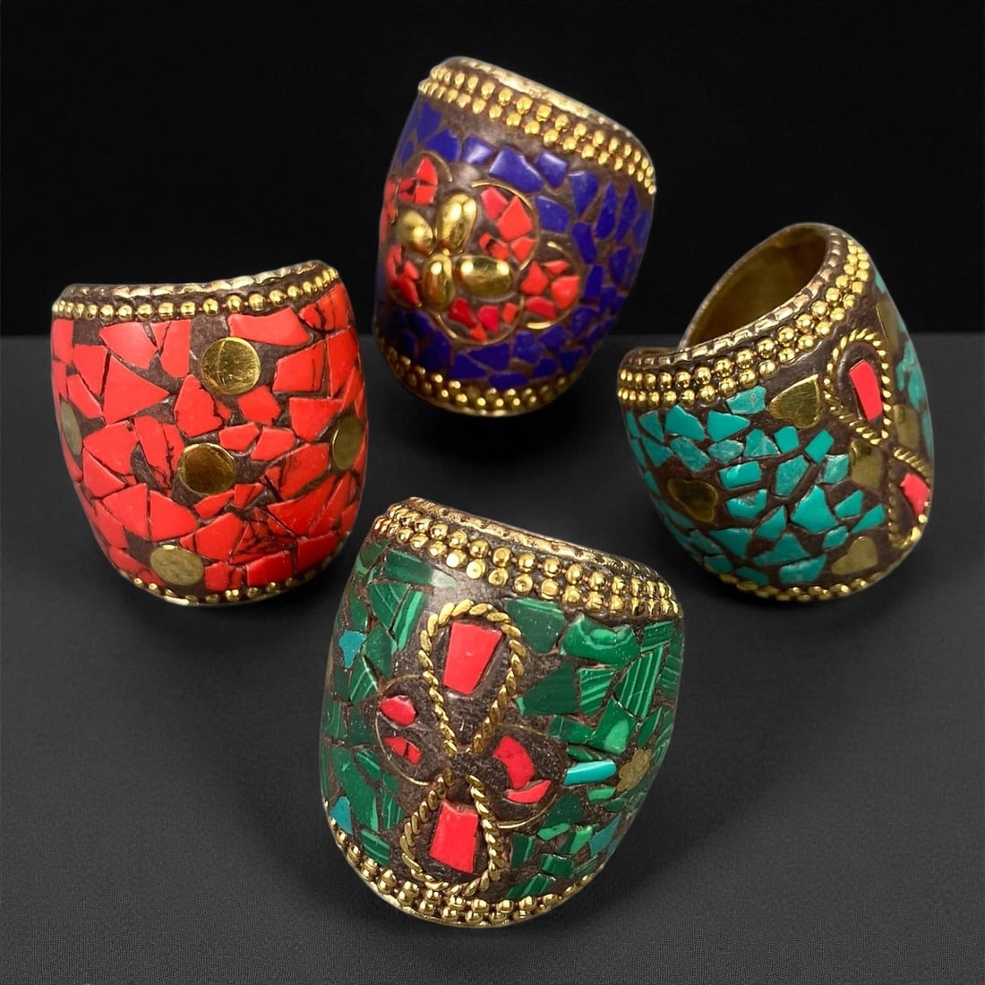 Vintage Himalayan Brass and Mosaic Inlay Statement Rings, c. 20th Century, 4 Pieces, 70XF (1 of 1)