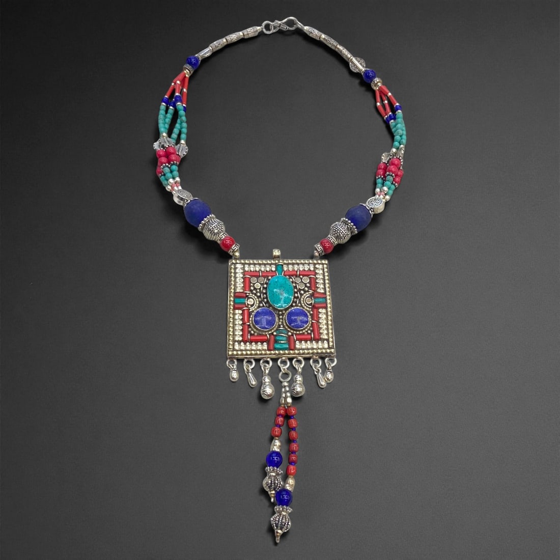 Vintage Himalayan Tribal Pendant Necklace, c. Mid-20th Century, 162g, 54DD: This Vintage Himalayan Tribal Pendant Necklace embodies the enduring cultural and collectible value associated with traditional highland jewelry. Originating from the rugged mountain regions of the Hi