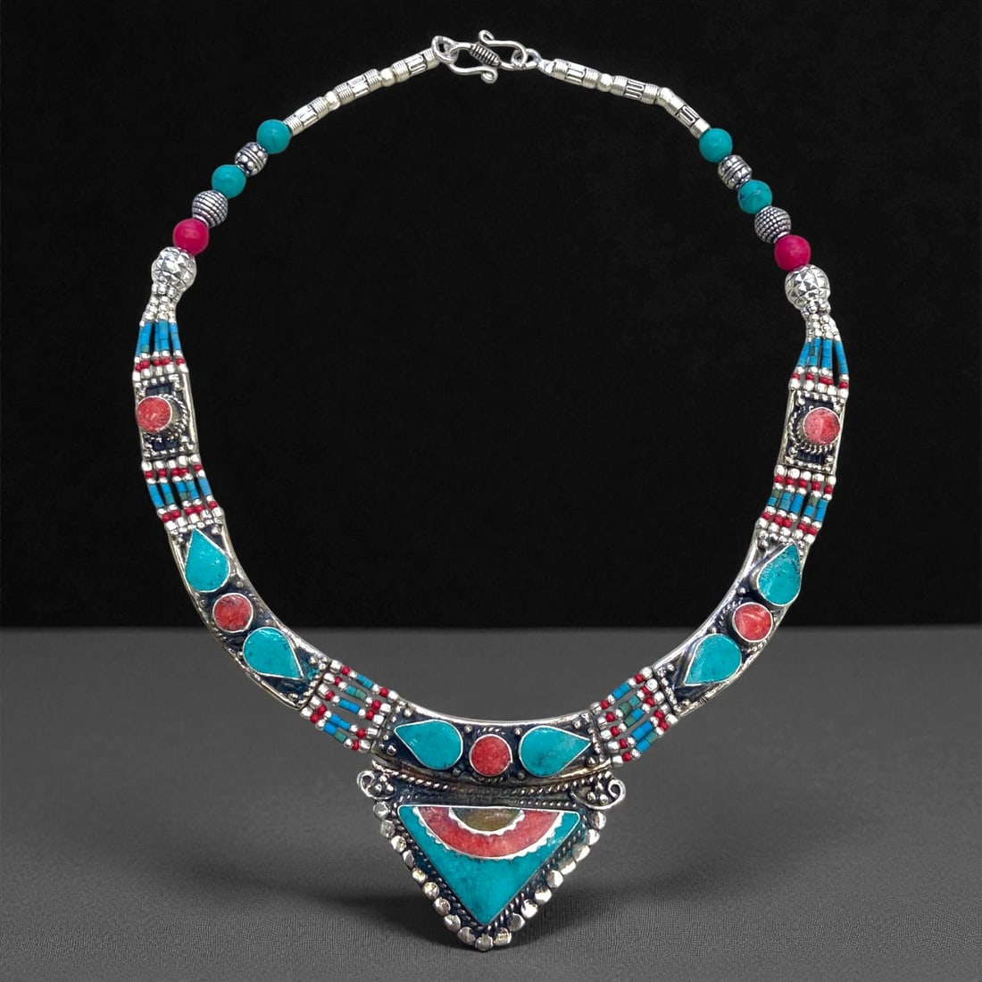 Vintage Himalayan Tribal Pendant Necklace, c. Mid-20th Century, 162g, 71DD: This Vintage Himalayan Tribal Pendant Necklace embodies the enduring cultural and collectible value associated with traditional highland jewelry. Originating from the rugged mountain regions of the Hi