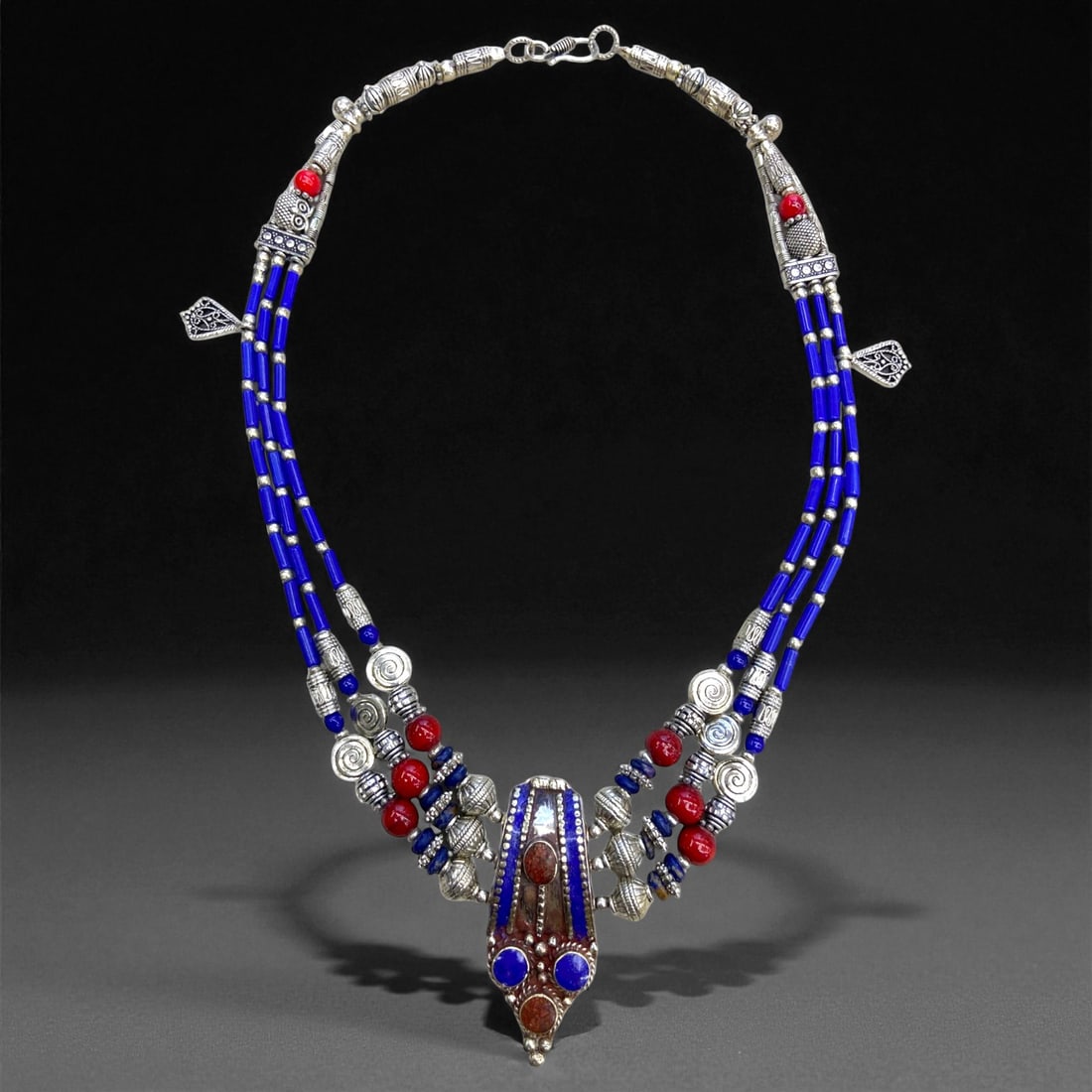 Vintage Himalayan Tribal Pendant Necklace, c. Mid-20th Century, 115g, 88DD: This Vintage Himalayan Tribal Pendant Necklace embodies the enduring cultural and collectible value associated with traditional highland jewelry. Originating from the rugged mountain regions of the Hi