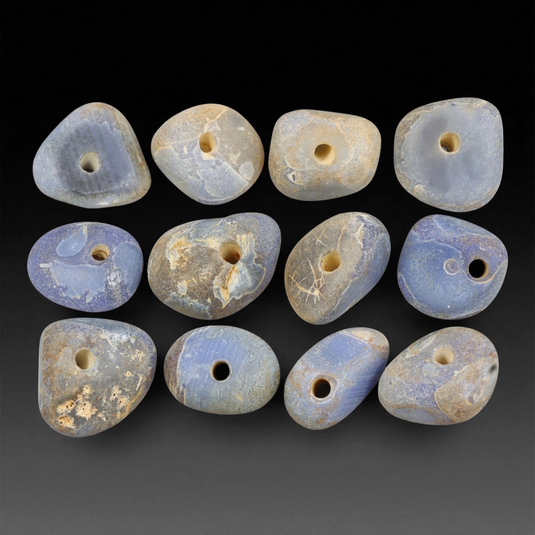 Ancient Mediterranean Chalcedony Trade Beads, c. 6th-4th Century BCE, 1.3-1.8cm, 22EB: These ancient chalcedony beads, dating to the 6th-4th century BCE, originate from the Mediterranean trade networks that connected the Aegean, Levant, and North African coasts during the height of clas