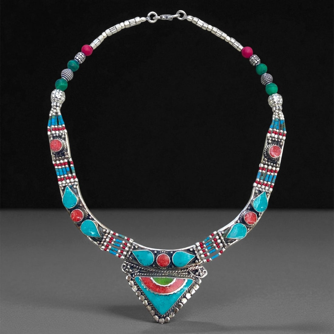 Vintage Himalayan Tribal Pendant Necklace, c. Mid-20th Century, 162g, 74DD: This Vintage Himalayan Tribal Pendant Necklace embodies the enduring cultural and collectible value associated with traditional highland jewelry. Originating from the rugged mountain regions of the Hi