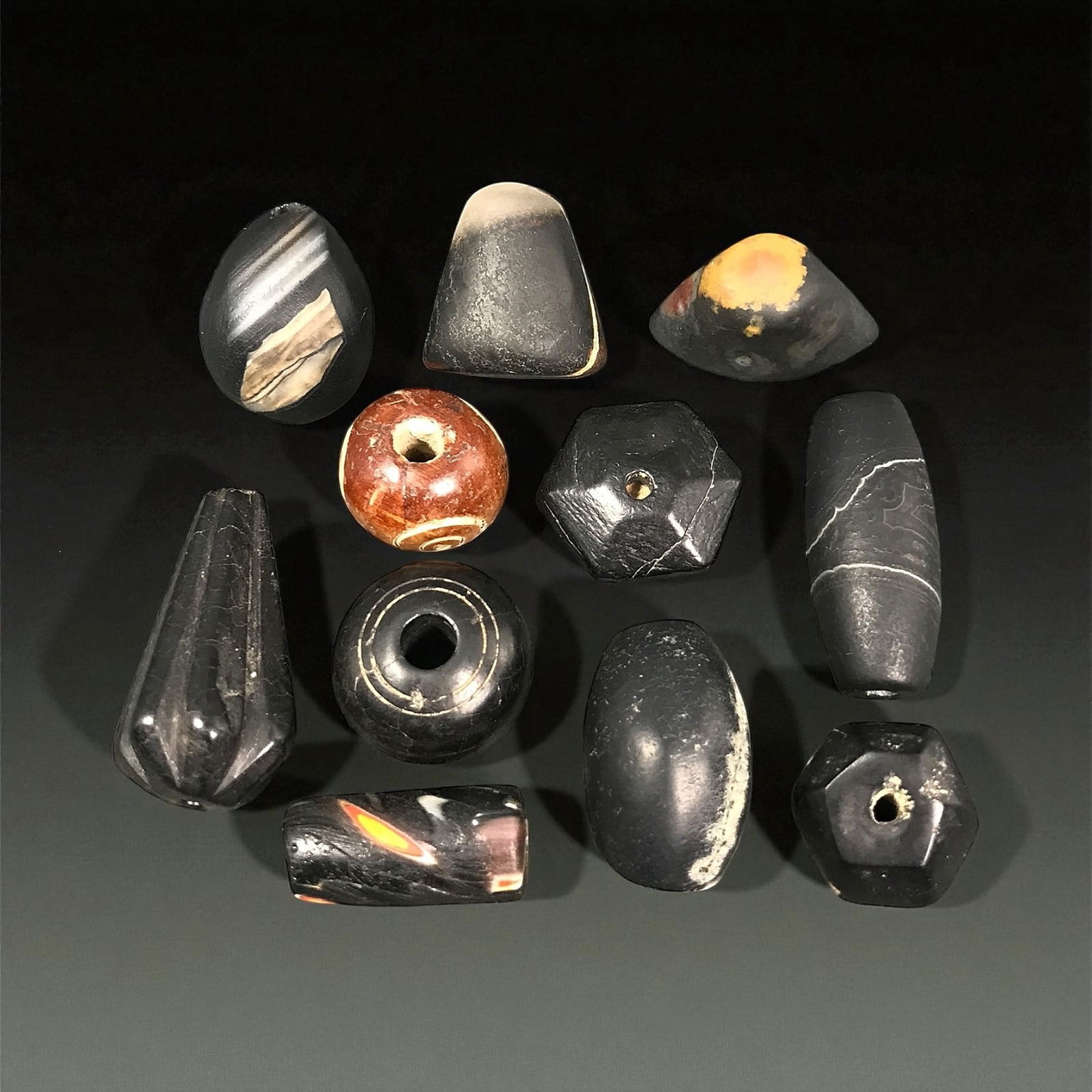 Antique Indo-Persian Jet and Agate Geometric Bead Set, c. 18th-19th Century, 1.5-3.1 cm, 60EW (1 of 1)