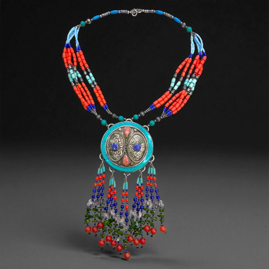 Vintage Himalayan Tribal Pendant Necklace, c. Mid-20th Century, 182g, 85DD: This Vintage Himalayan Tribal Pendant Necklace embodies the enduring cultural and collectible value associated with traditional highland jewelry. Originating from the rugged mountain regions of the Hi