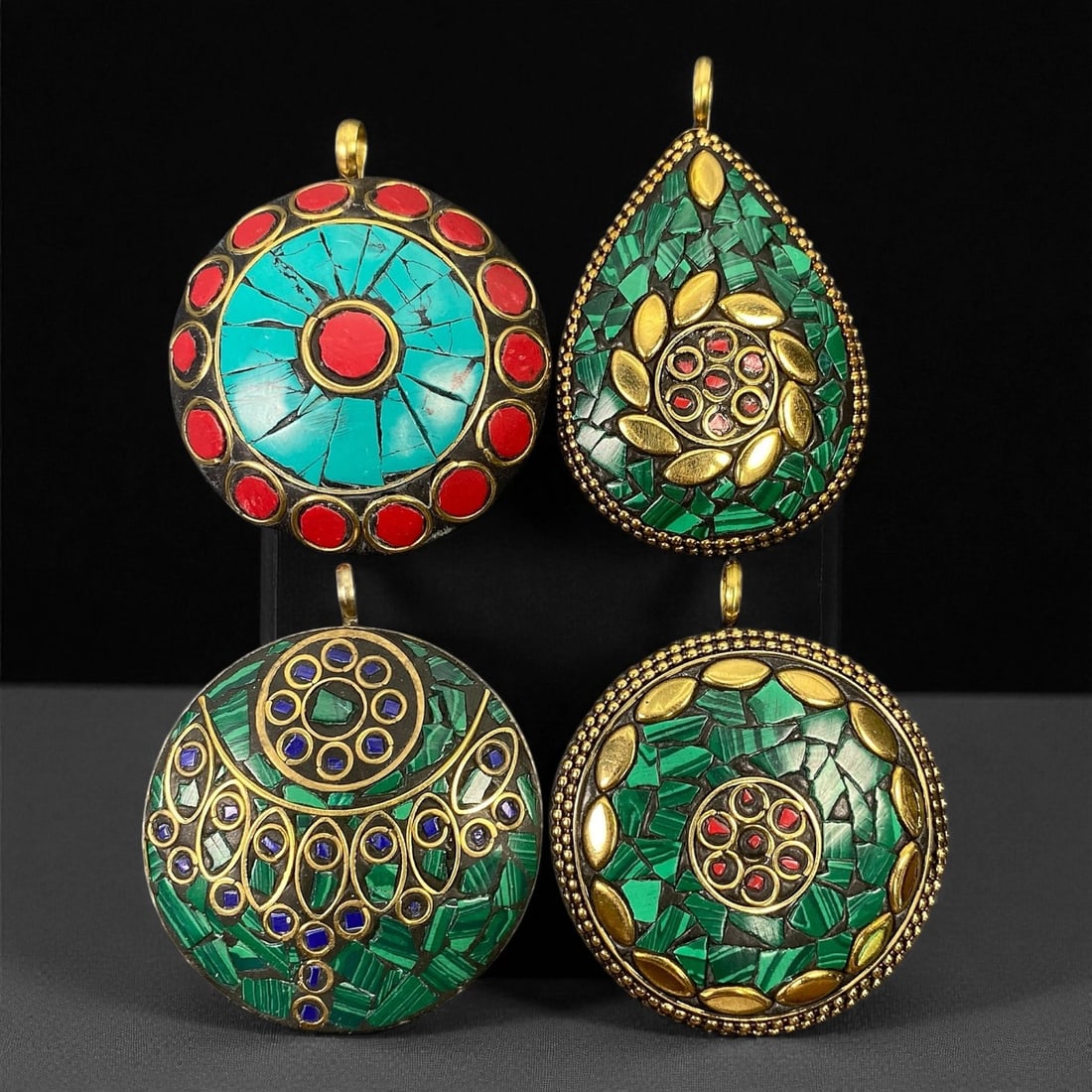 Vintage Himalayan Brass and Inlay Floral Mandala Pendants, c. 20th Century, 4 Pieces, 20XF (1 of 1)