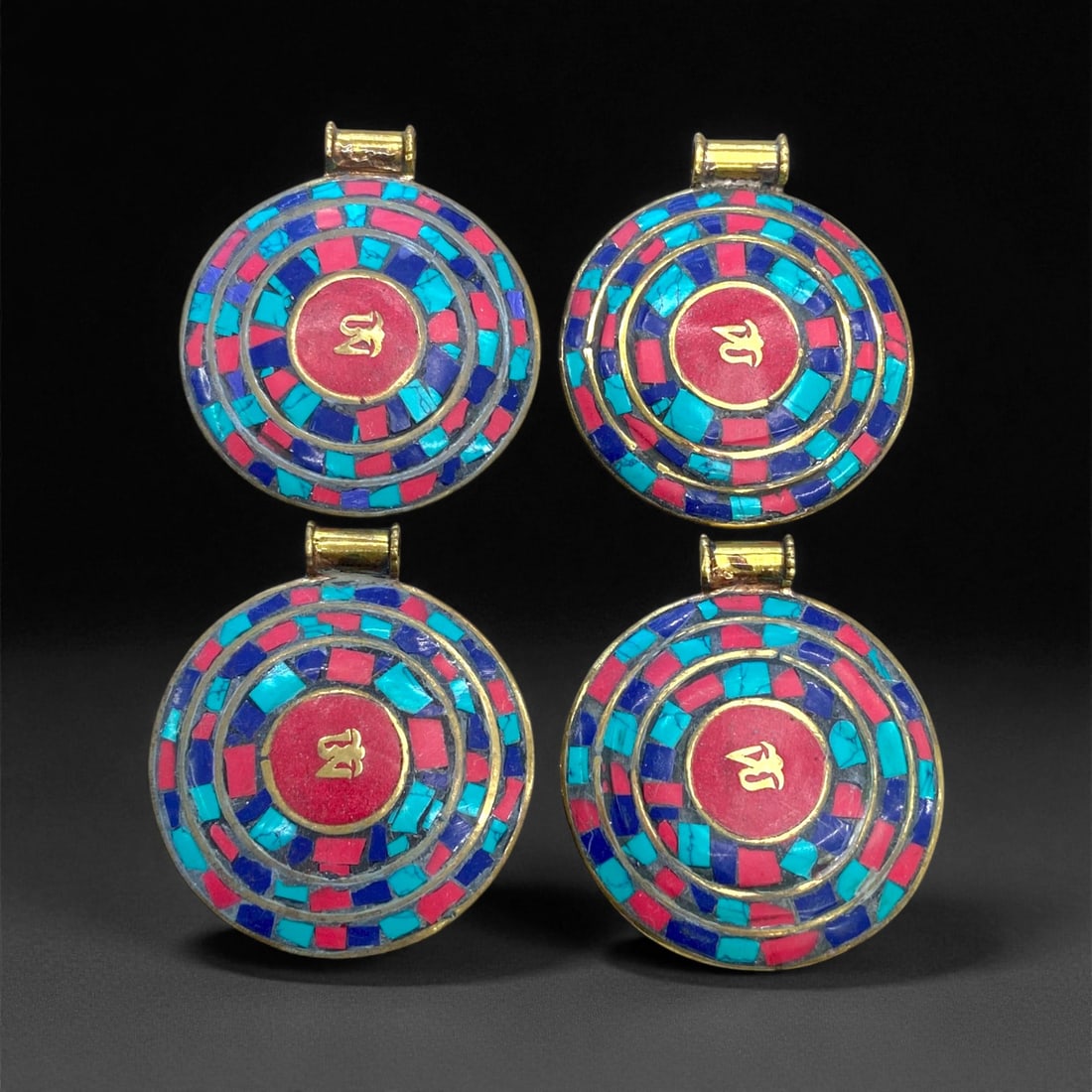 Vintage Himalayan Mosaic Pendant Set, c. Mid-20th Century, 96g, 76DD: This impressive set of four circular pendants represents the distinctive artistic tradition of mid-20th century Himalayan craftsmanship. Characterized by intricate mosaic inlay work and vivid colorati