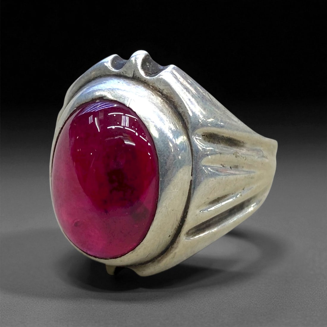 Antique Persian Red Glass Cabochon Silver Ring, c. Early 20th Century, Ring Size 10.5, 8.6g, 46CC (1 of 2)