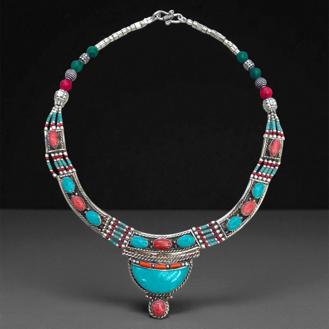 Vintage Himalayan Tribal Pendant Necklace, c. Mid-20th Century, 162g, 70DD: This Vintage Himalayan Tribal Pendant Necklace embodies the enduring cultural and collectible value associated with traditional highland jewelry. Originating from the rugged mountain regions of the Hi