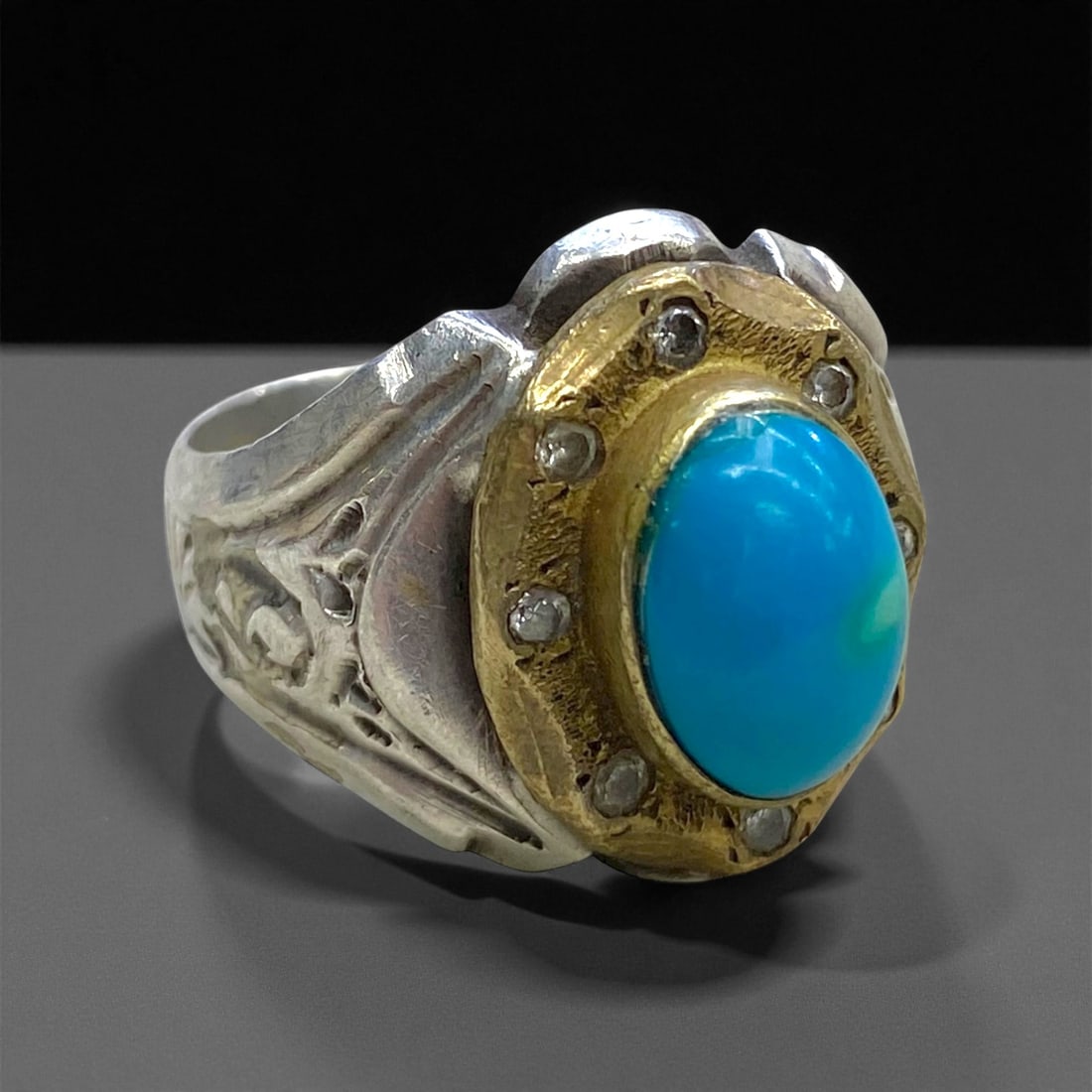 Antique Persian Gilded Turquoise Silver Ring, c. 19th-20th Century, US 9.5, 10g, 20CC: This handsome antique Persian silver ring embodies the refined synthesis of luxury and symbolism characteristic of late Qajar to early Pahlavi artistry. At its center rests a radiant turquoise cabocho