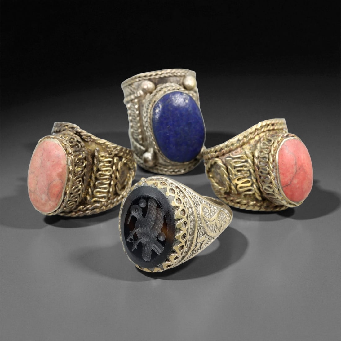 Antique Qajar Ornate Brass Gemstone Rings Set, c. 19th Century US 7-10.5, 95ES (1 of 1)