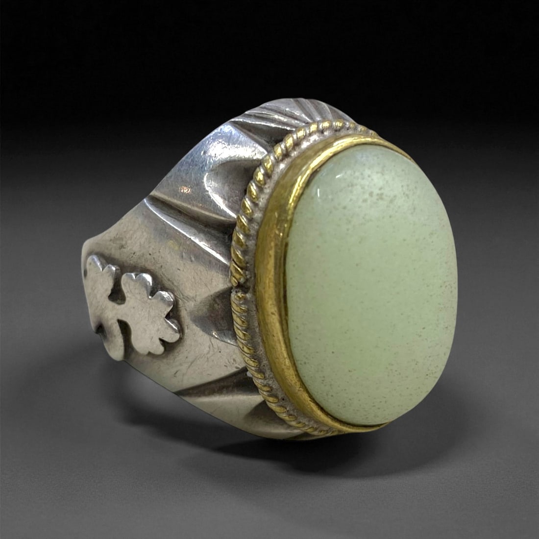 A Ottoman Green Aventurine Silver-Gilt Ring, c. Late 19th-Early 20th Century, Size 7.5, 15g, 40CC (1 of 2)