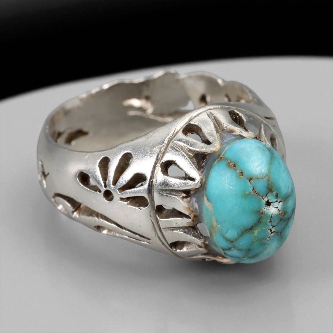 Antique Persian-Style Openwork Turquoise Silver Ring, c. 19th-20th Century, US 12, 87BA (1 of 3)