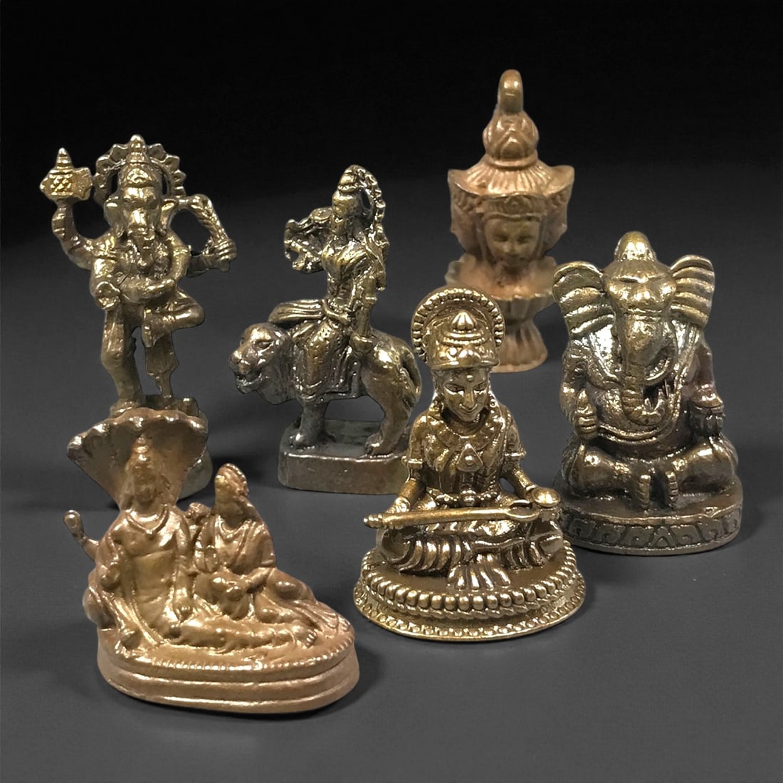 Vintage Thai-Indian Style Bronze Deity Figurine Set, c. 20th Century 2.4-3.7cm, 33ES (1 of 1)