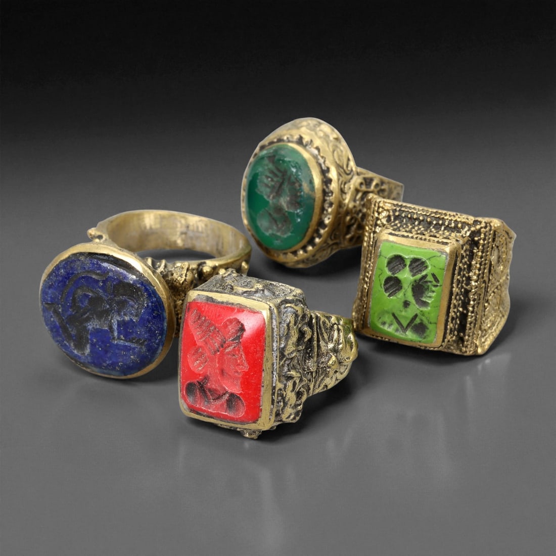 Antique Qajar Gilt Brass Intaglio Rings Set, c. 19th Century US 6.5-8.5, 30XE (1 of 1)