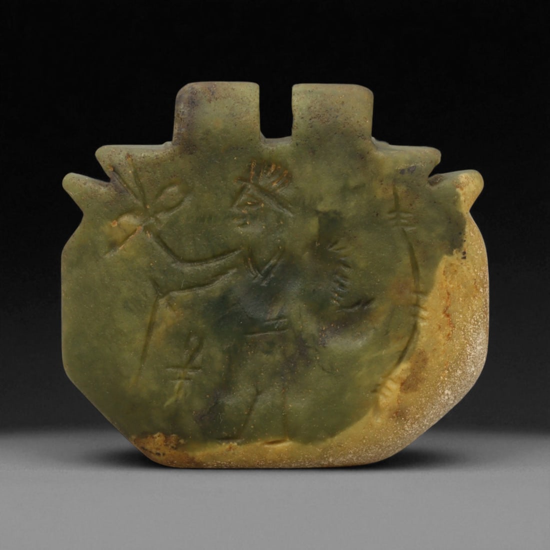 Ancient Neo-Assyrian Divine Worshipper Jade Amulet Pendant, c. 9th-7th Century BCE, 4.8cm, 51DB (1 of 3)