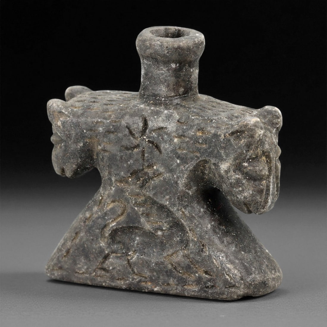 Ancient Mesopotamian Schist Kohl Vessel with Feline Heads, c. 2nd Millennium BCE, 5.5cm, 35ER (1 of 3)