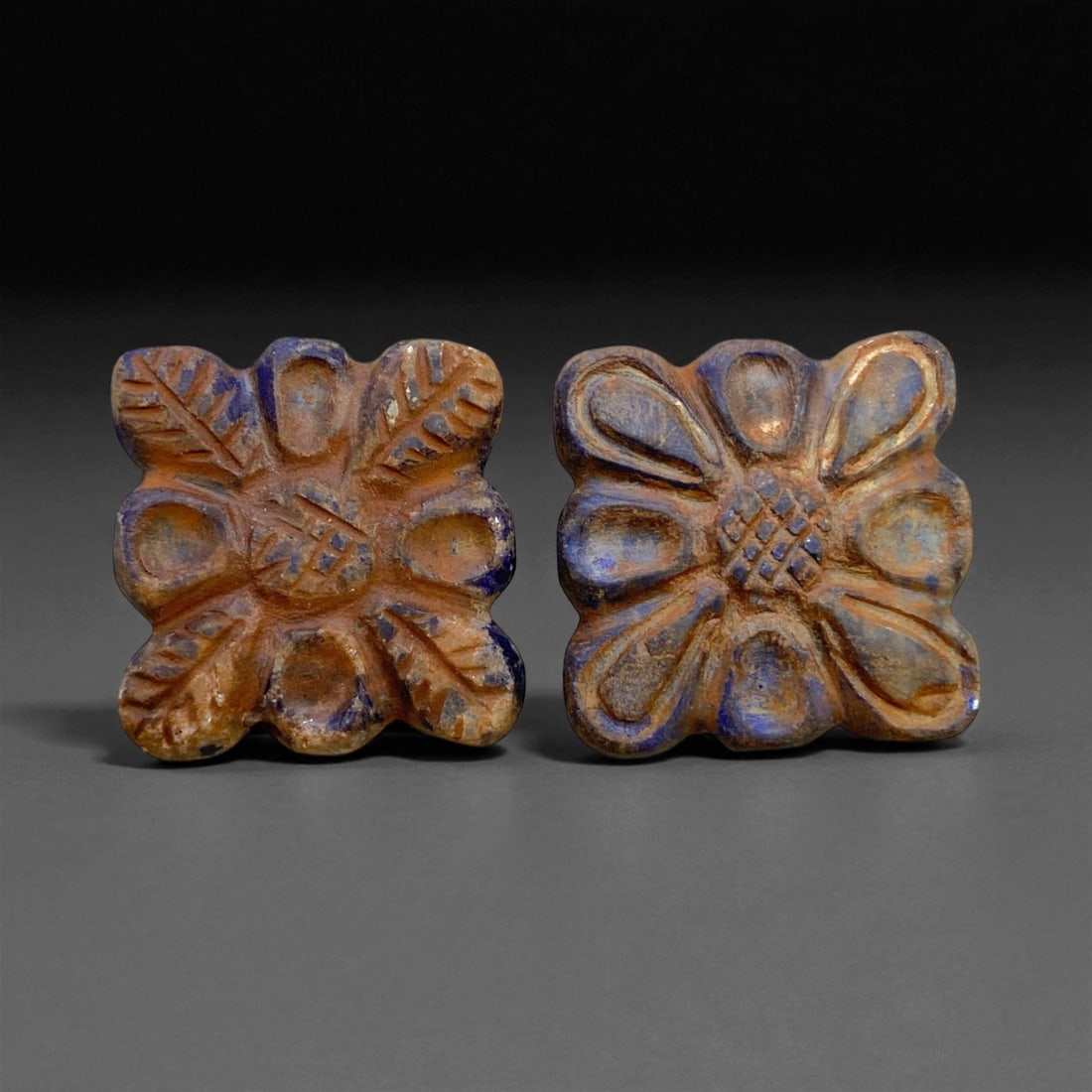 Ancient Achaemenid Lapis Lazuli Floral Beads (Set of 2), c. 6th-4th Century BCE, 2cm, 23g, 78AA: These two exquisite floral-form beads were carved from fine lapis lazuli during the Achaemenid Empire, one of the most powerful and artistically advanced civilizations of the ancient Near East. Dating