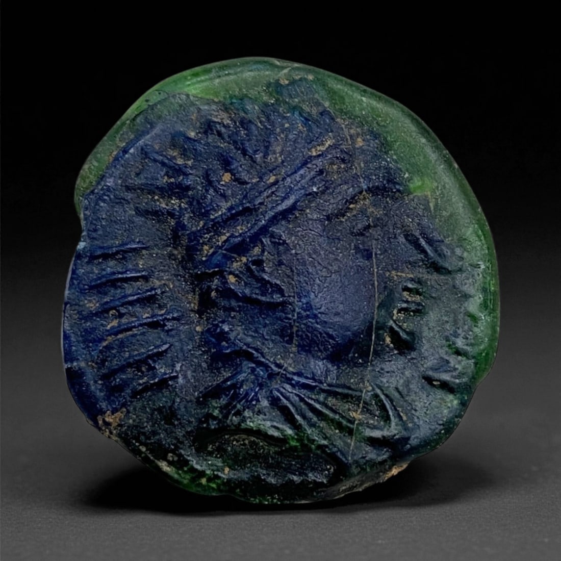 Antique Neoclassical Blue-Green Glass Intaglio Medallion, c. 18th-19th Century, 3cm, 10g, 48BB: This captivating Neoclassical glass medallion, dating to the 18th-19th century, is a fine example of revival craftsmanship inspired by ancient Greco-Roman artistry. Molded in deep cobalt-blue glass wi