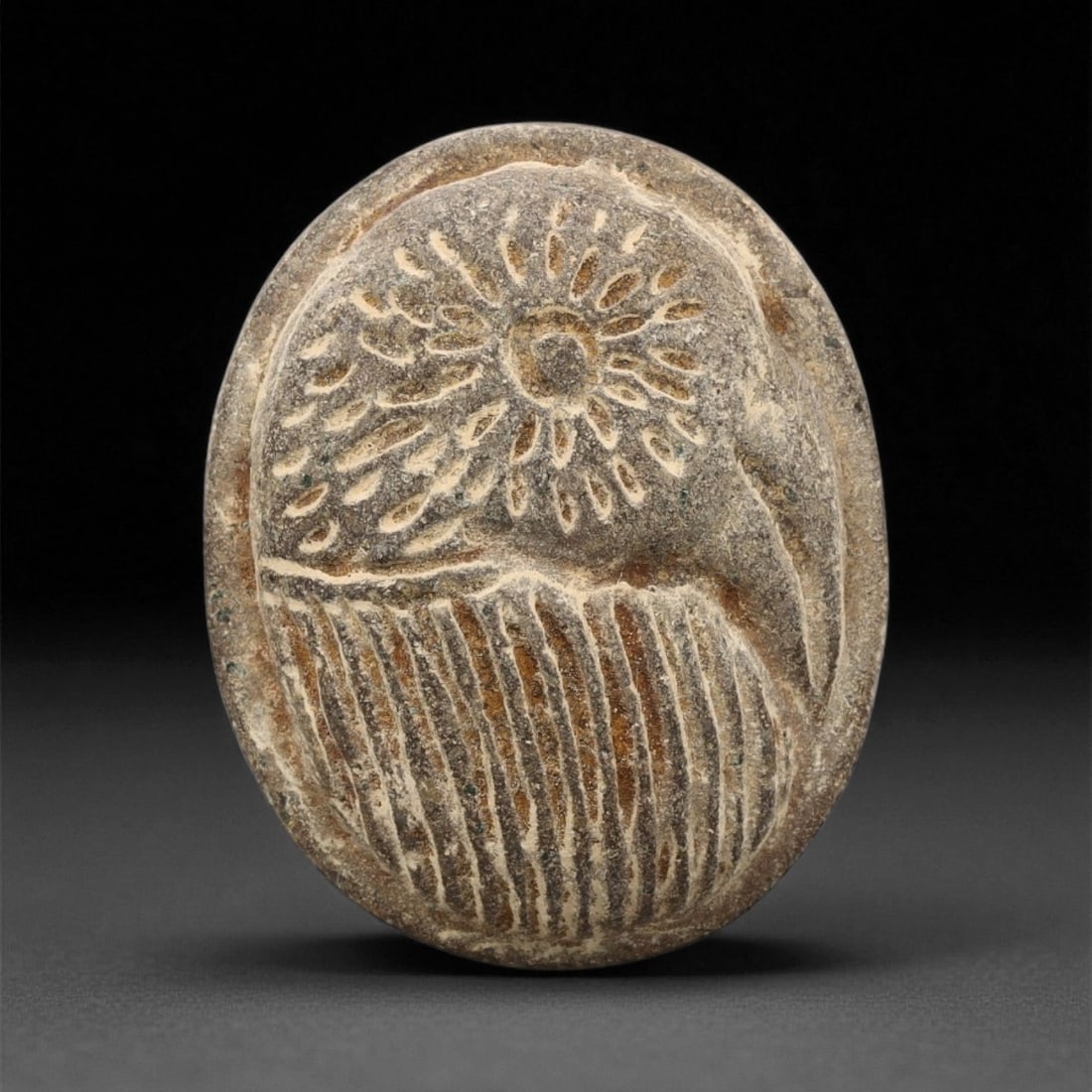 Ancient Sumerian Carved Owl Motif Steatite Plaque, c. 2600-2400 BCE, 3.5cm, 84ET: This delicately incised steatite plaque, dating to the Sumerian Early Dynastic period, captures the symbolic grace of an owl-a revered creature in ancient Mesopotamian iconography. Crafted over four t