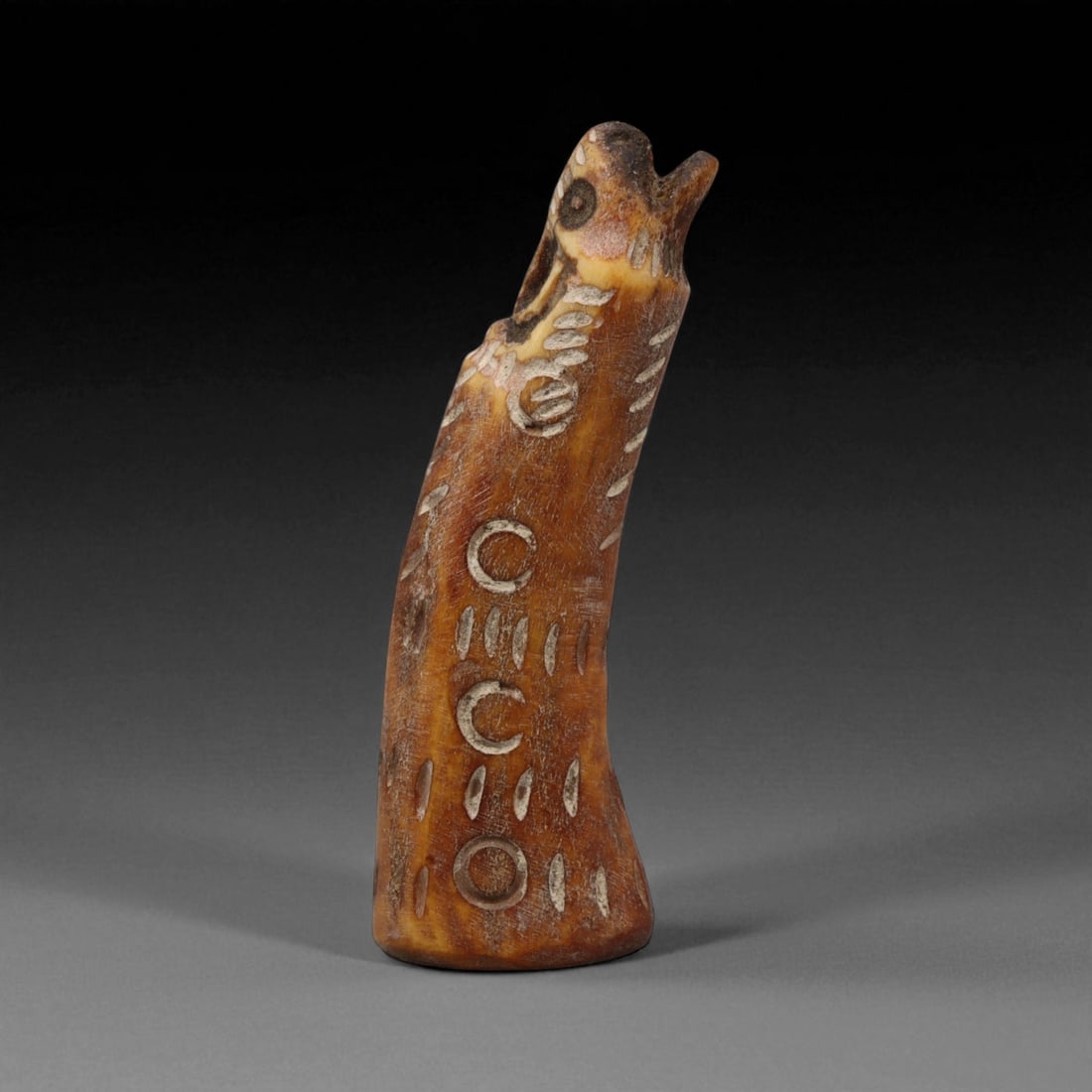Ancient Coptic Egyptian Zoomorphic Bone Finial, c. 6th-8th Century CE, 7.7cm, 73BQ: This rare Coptic Egyptian finial, carved from dense, honey-toned bone, dates to approximately the 6th-8th century CE - a time when Egypt stood at the crossroads of late antiquity and early Christian a